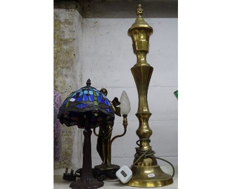 A small Tiffany style table lamp, a figure-design lamp and a tall brass lamp (3)