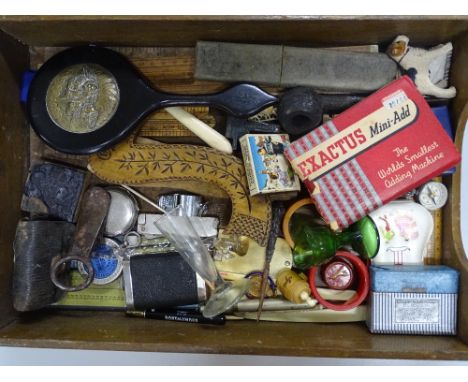 Box containing boxwood rules, vegetable ivory tape measure with Stanhope, ornaments etc