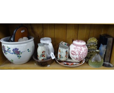 A jardiniere, Japanese pots, a letter rack, enamel bread bin etc.