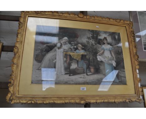 19th century coloured print, figures in a courtyard, ornate gilt-wood frame