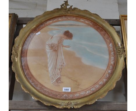 Circular coloured print, girl on a beach, gilt-framed