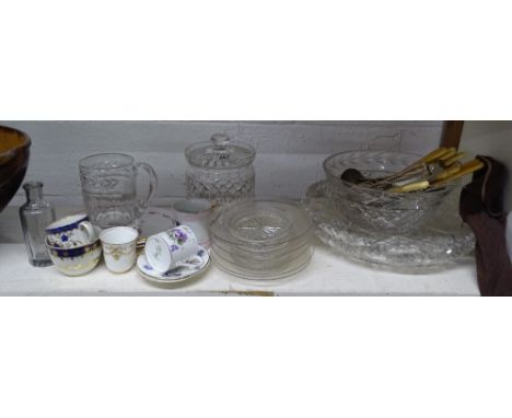 A cut glass jar, mug, cabinet cups and saucers etc