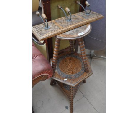 2 small Welsh carved oak occasional tables on bobbin turned legs and a carved oak hanging hat and coat rack