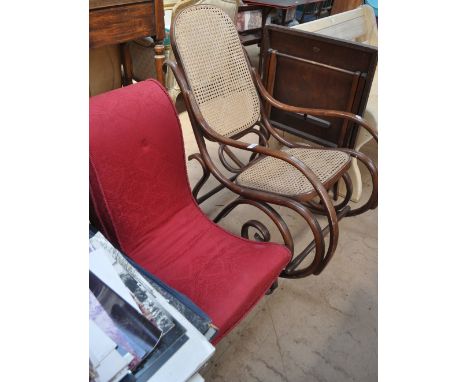 A Bentwood rocking chair, an upholstered slipper chair and a small folding card table, (3).