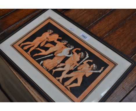 An Antique coloured print depicting Greek musicians, framed