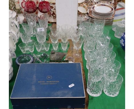 Whiskey tumblers, and other drinking glasses, and a set of Royal Worcester pots