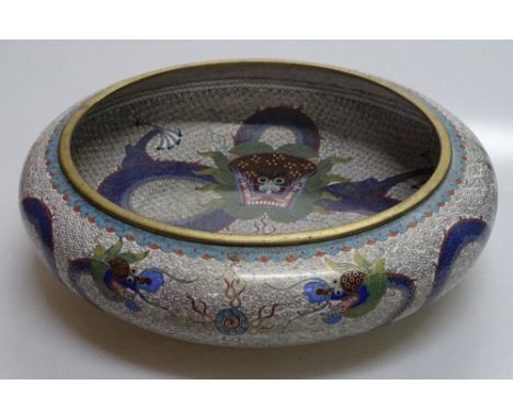 An Oriental cloisonne enamel bowl with dragon design, diameter 12"