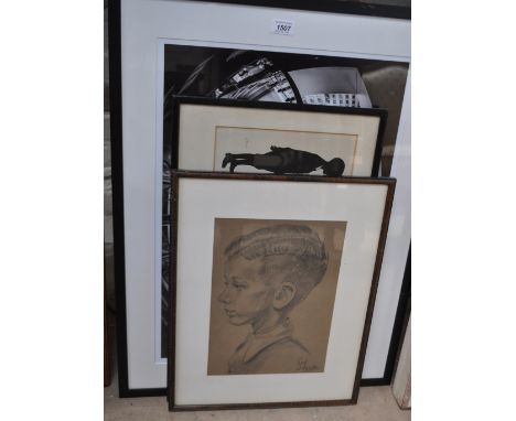 Roy, pencil sketch, study of a boy, framed, set of silhouettes and a black and white photographic print