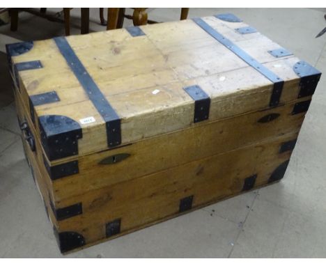 A Victorian zinc-lined and steel-bound pine trunk, length 91 cm