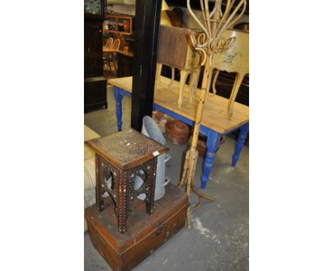 A bamboo hat and coat rack, Moorish occasional table, a metal trunk and a galvanized coal bucket (4)