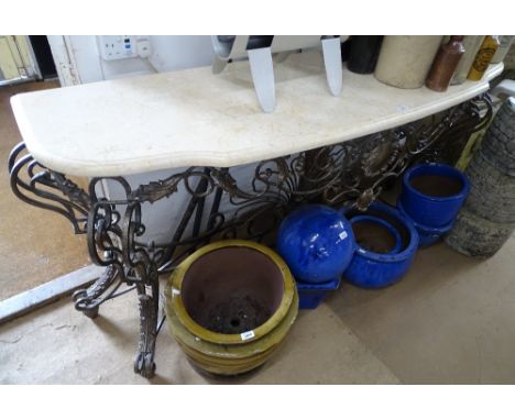 A modern wrought iron and marble top console table, length 180 cm 