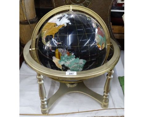 A large multi-colour hardstone set terrestrial globe on wooden stand, globe diameter 12".