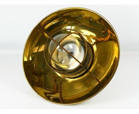 Large 1960s naval passageway ceiling light by Osaka Tokushu - Japanese cargo ship salvage, solid brass with removable protect