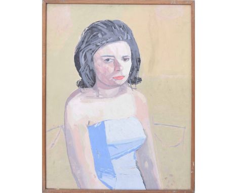 English School (20th/21st century) - a portrait of a girl wearing a strapless blue dress, half length, oil on board, 32.5" x 