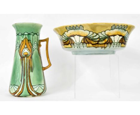 Good Minton Co. Secessionist tube lined water jug and basin, the jug no..36 and basin no..37, jug 14" high, basin 16.25" diam