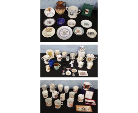 Collection of commemorative cups, mugs, jugs etc. including Doulton Lambeth, Worcester, Mortlocks etc.; also four commemorati