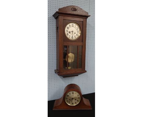 1930s oak wall clock, 29" high; also a Napoleon hat mantel clock (2)