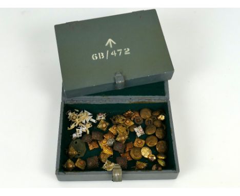 Two Military cases, approx 8.5" x 6" x 1.5", both broad arrow stamped and one filled with Military badges, officers pips, but