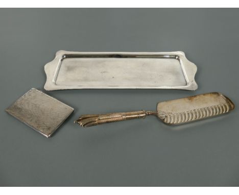 Antique William Hutton silver plated crumb tray, 13.5", a vintage Mappin &amp; Webb silver plated tray, 15.5" x 6.5" and a vi