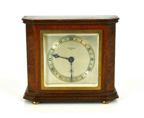 Good Elliott mantel clock, the silvered square dial and chapter ring with Roman numerals, the Art Deco style walnut case on g