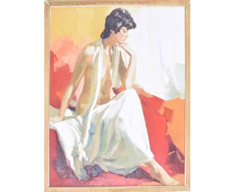 ** Longi (20th/21st century) - portrait of a semi-draped girl seated upon a red blanket, signed, oil on canvas, 35.5" x 28"
