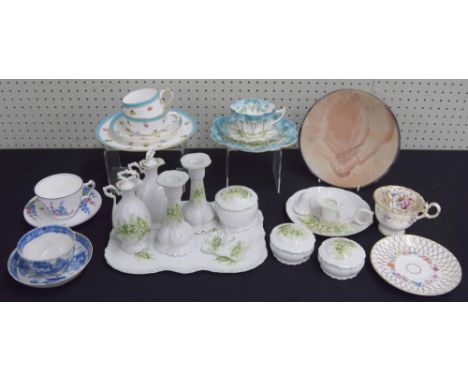 Assorted porcelain tea wares; to include Foley trio, cups and saucers including English blue and white transfer print and a V