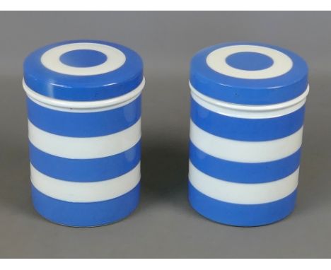 Good pair of early T G Green Cornish Ware blue and white kitchen storage jars, with early green shield back stamp, 6" high (2