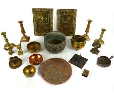 Collection of antique brass copper - brass planter, 6" x 7.5", four further bowls/planters, Indian oil pourer, 7", desk bell,