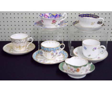 Six porcelain tea cups and saucer duos; including Dresden, Royal Doulton, Royal Worcester and Meissen 