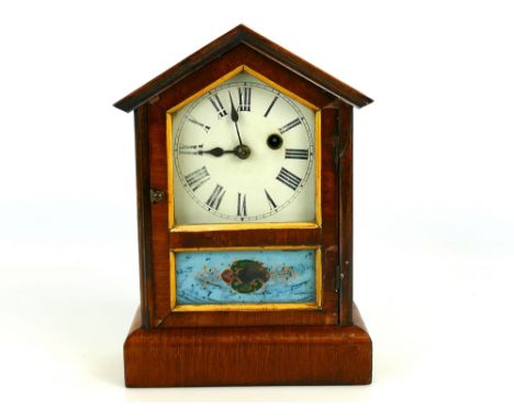 Mahogany cased Teutonia pendulum shelf clock, enamel face, Roman numerals dial, 11" tall (key) (working)