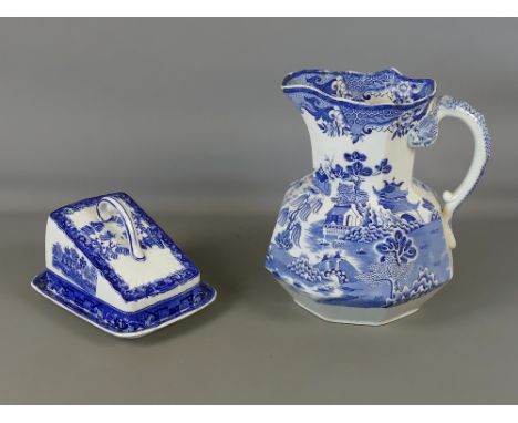 Large 19th century Masons Ironstone octagonal blue and white jug, 12" tall; together with a similar period blue and white cer