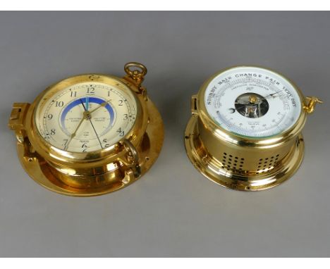 Vintage 'nauticalia' Saloon heavy brass battery operated ship's tide clock, 8.5" diameter, 3" deep; together with a vintage b