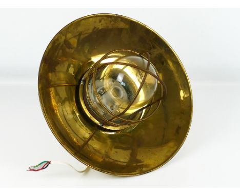 Large 1960s naval passageway ceiling light by Osaka Tokushu - Japanese cargo ship salvage, solid brass with removable protect