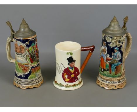 Two German ceramic musical tankards with pewter lids, both approx 10.5" tall and playing typical Bavarian tunes; together wit