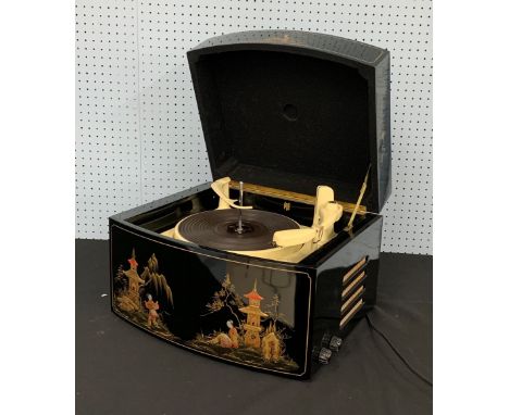PYE Monarch BSR Chinoiserie cased record player, 17" wide appears functioning, will be sold without plug as illegal/non curre