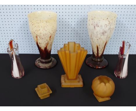 Collection of vintage glass; including pair of brown 'End of Day' vases, pair of small slag vases, deco type yellow pressed g