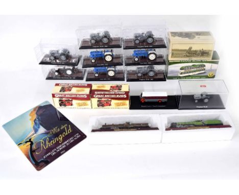 Assorted Editions Atlas die cast scale models; including nine tractors, two Great British Buses, a tram, coach and two steam 