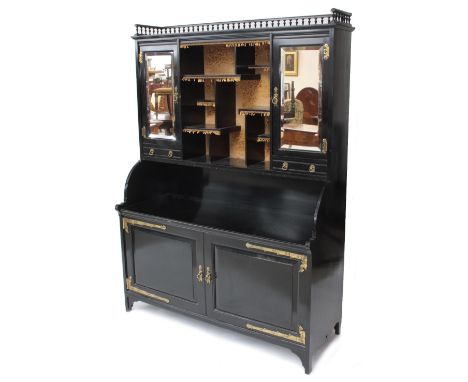 Aesthetic Movement ebonised collectors cabinet attributed to Collinson &amp; Lock, the centre raised back with velvet and tas