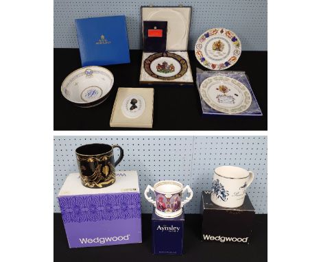 Assorted commemorative porcelain and pottery; including Royal Worcester Margaret Thatched bowl boxed, Aynsley 1981 Royal Wedd