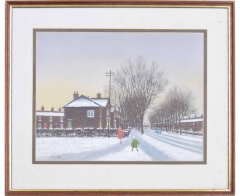 ** Burke (20th/21st century) - a Northern street scene in winter with a mother and child beside trees, a blue car and houses 