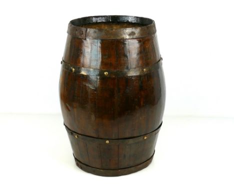 Oak and iron banded barrel stick stand, 21" high, 12" diameter