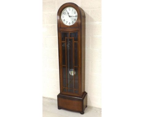 1930s oak three train longcase clock, with pendulum and three chrome cased weights, 75" high, 20" wide