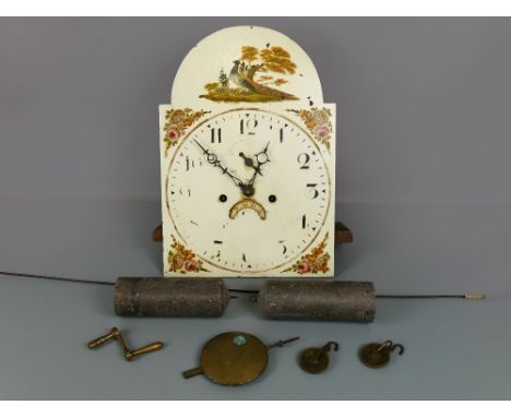 Antique longcase clock movement, striking on a bell with painted arched dial, 17.5" x 12" and original hands (two weights, tw