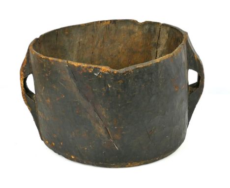Large and heavy primitive rustic carved single tree trunk two handle bucket/log basket, 20" diameter, 12" deep