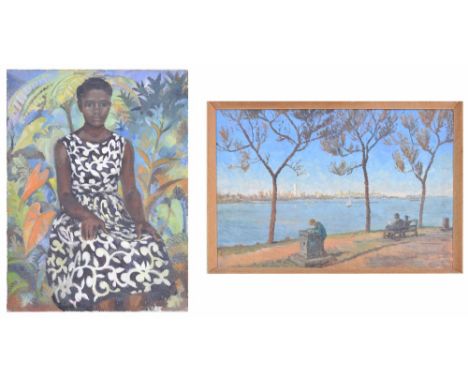 Dorothy Colles (20th century) - portrait of a black girl seated upon vegetation, inscribed with the artist's name on the stre