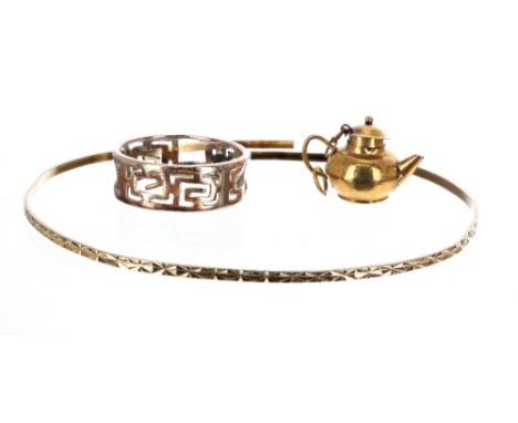 14ct bangle, ring and charm, 5.8gm (at fault) (3) 
