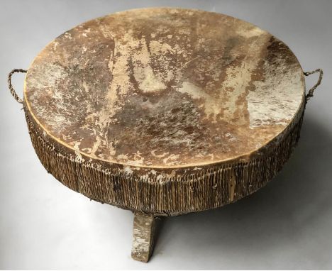 DRUM TABLE, vintage North African circular tapering stretched velum, 77cm diam x 50cm H. 