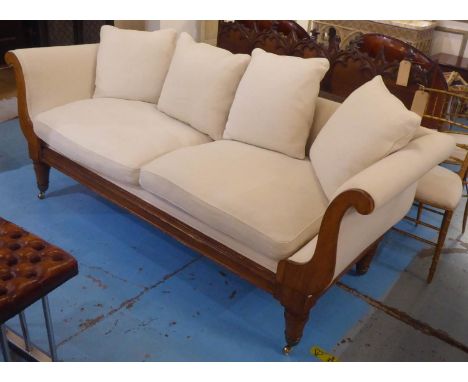 SOFA, Regency design beechwood and pine with woven cream upholstery and four scatter cushions on short turned supports, (miss