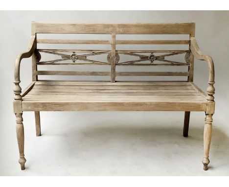 VERANDAH BENCH, weathered teak with carved back and slatted seat, 115cm W. 