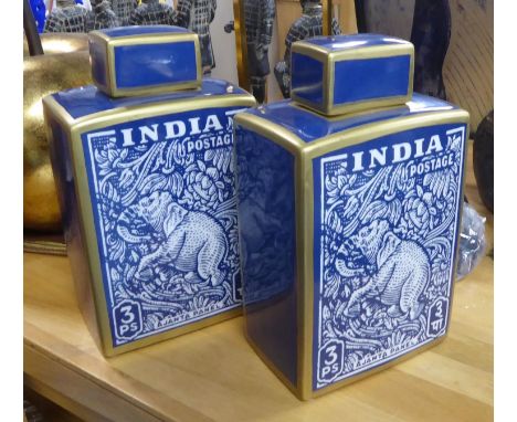 GINGER JARS, a pair, with vintage inspired India postage print design, 32cm H. (2) 